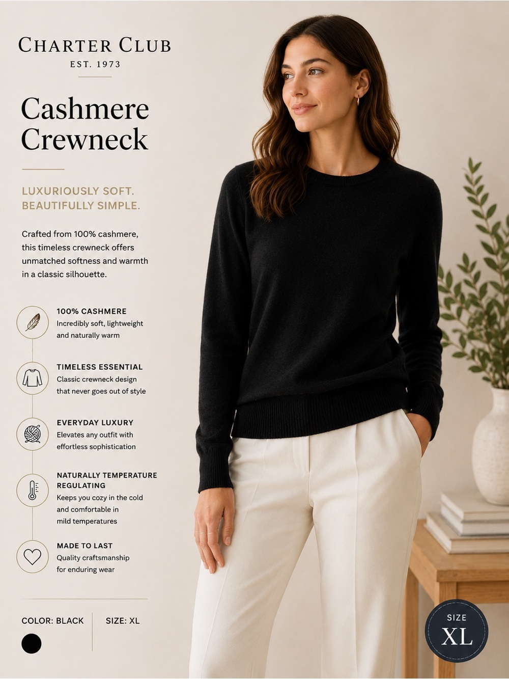 Charter Club Black Crewneck 100% Cashmere Sweater